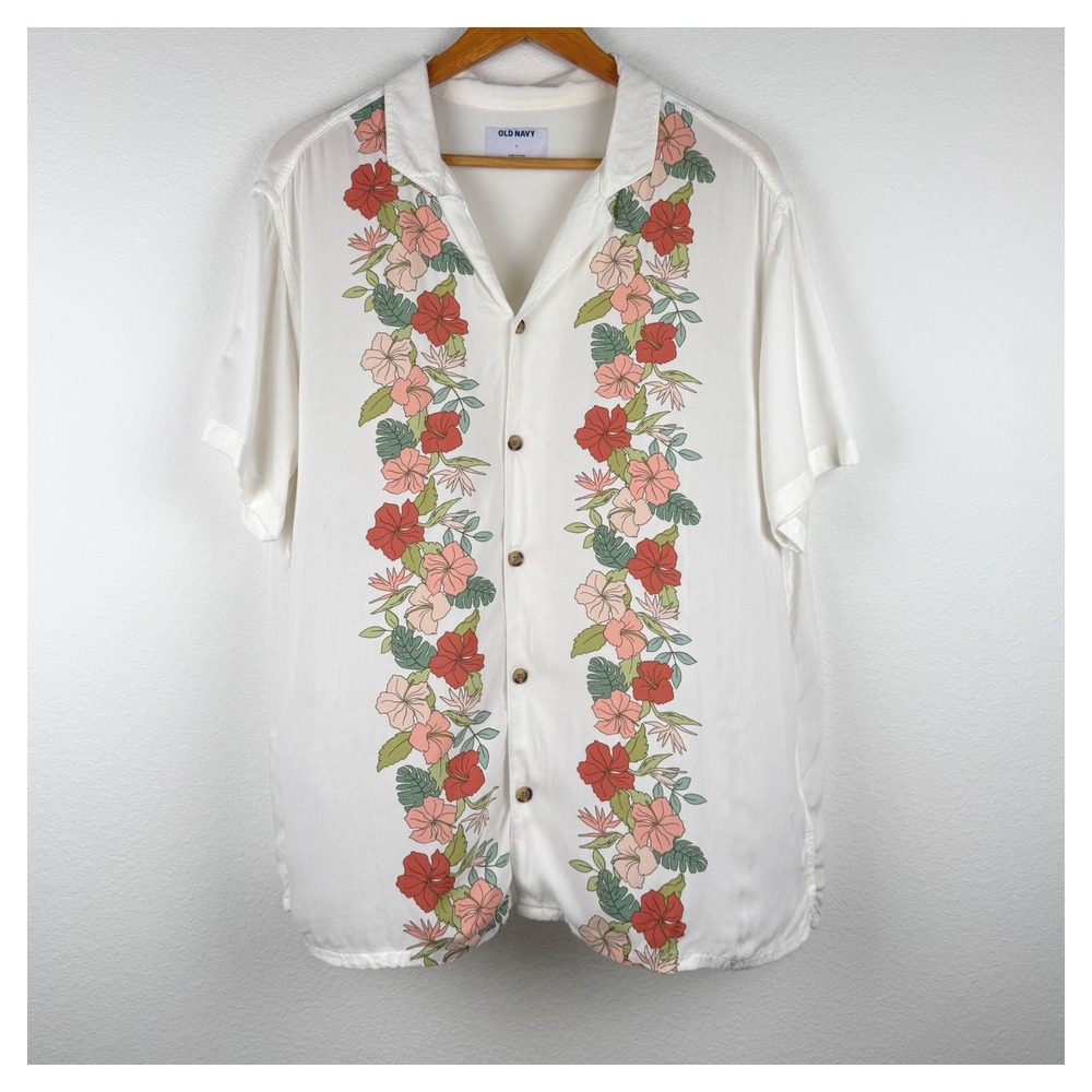 Tropical Panel Camp Shirt Button Down Mens Large White Excellent Casual
